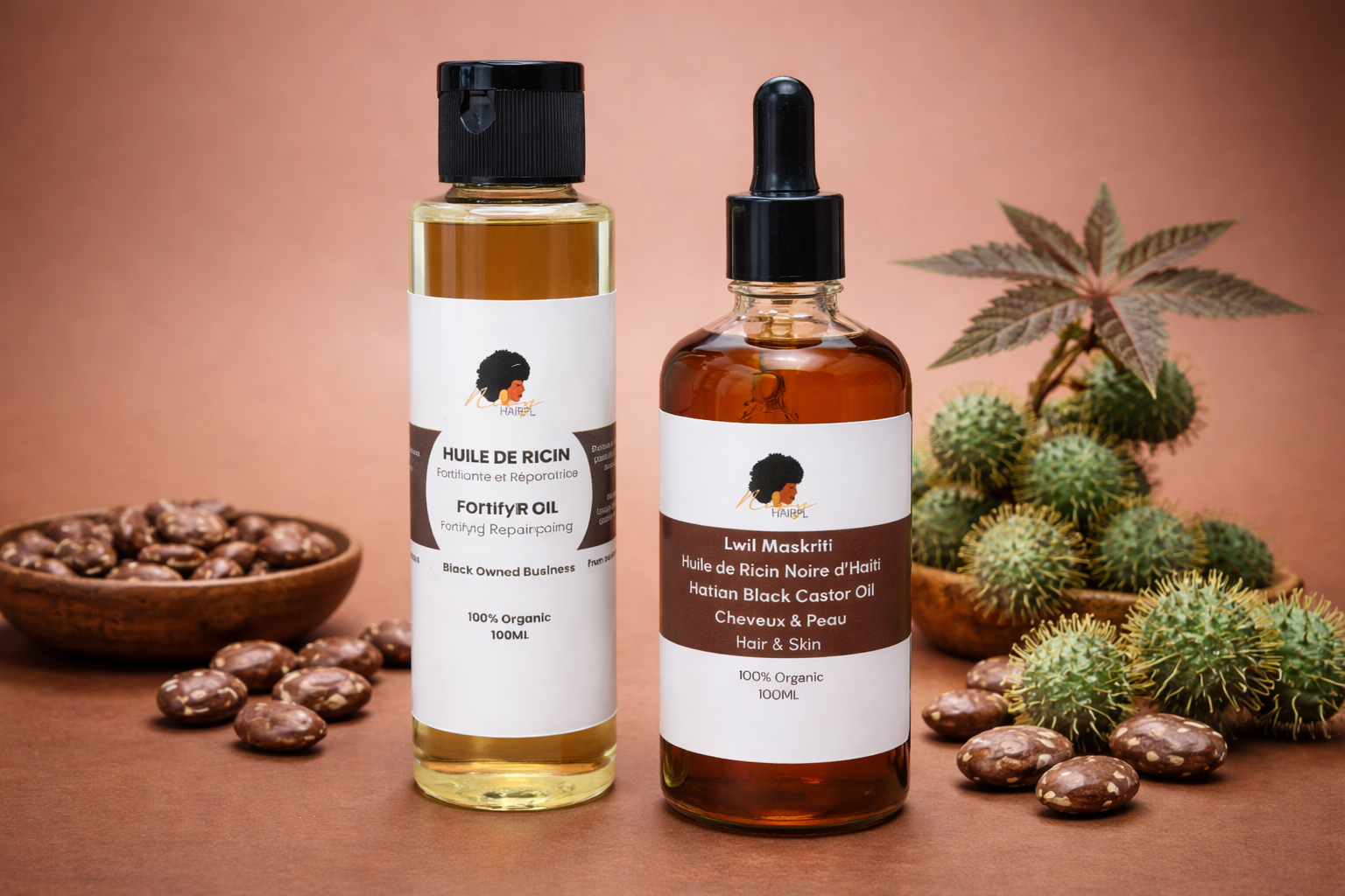 Huile de Ricin Pure et Lwil Maskriti Haïtien NivyHair côte à côte avec graines de ricin et plante naturelle