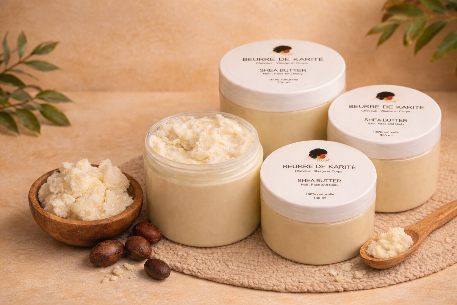 Beurre de karité brut NivyHair en 4 formats 100ml, 150ml, 200ml et 350ml avec noix de karité et spatule en bois